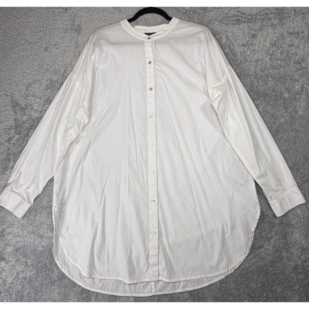 Eileen Fisher Washed Organic Cotton Tunic Shirt XL White Poplin Mandarin Collar
